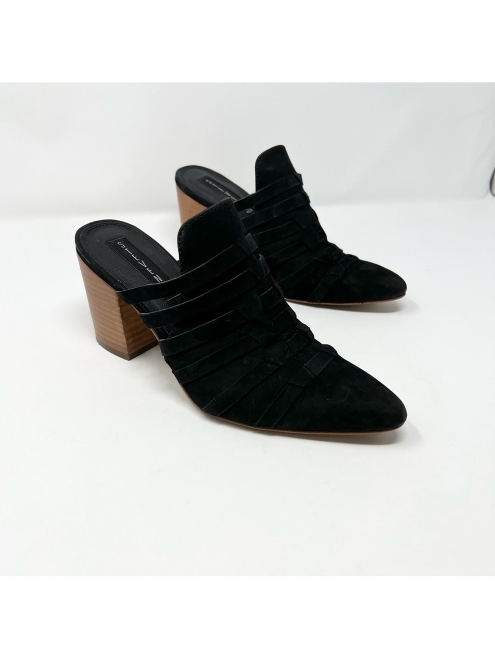 Steven By Steve Madden Black Suede Strappy Block Heel Mules with Brown Wood Heel